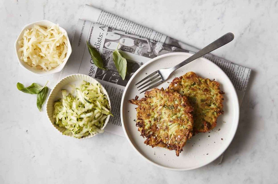 Plated zucchini-cheese pancakes