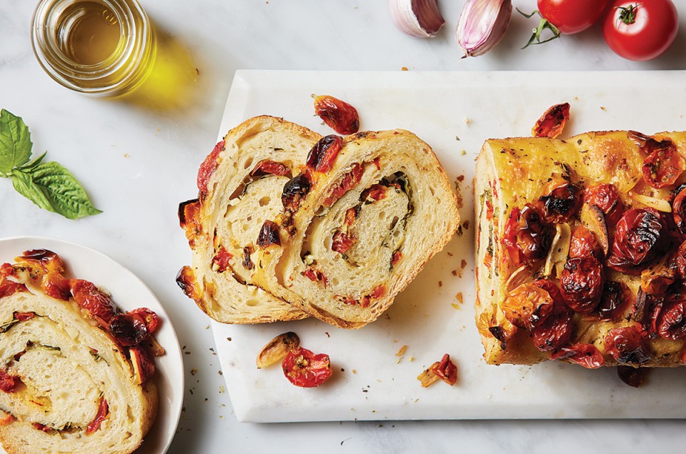 No-Knead Cheese and Tomato Garlic Bread - select to zoom
