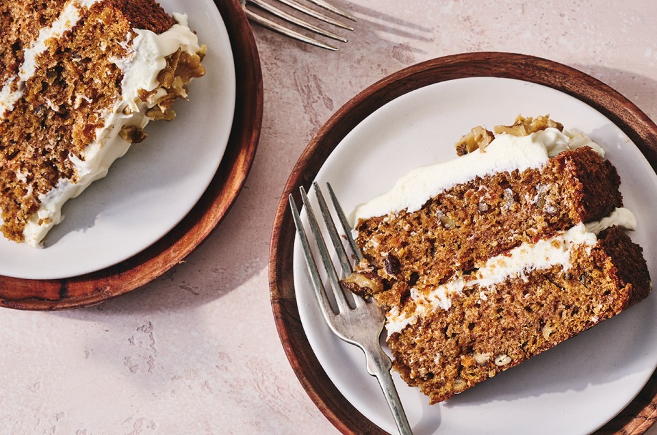 King Arthur's Carrot Cake sliced on two plates - select to zoom