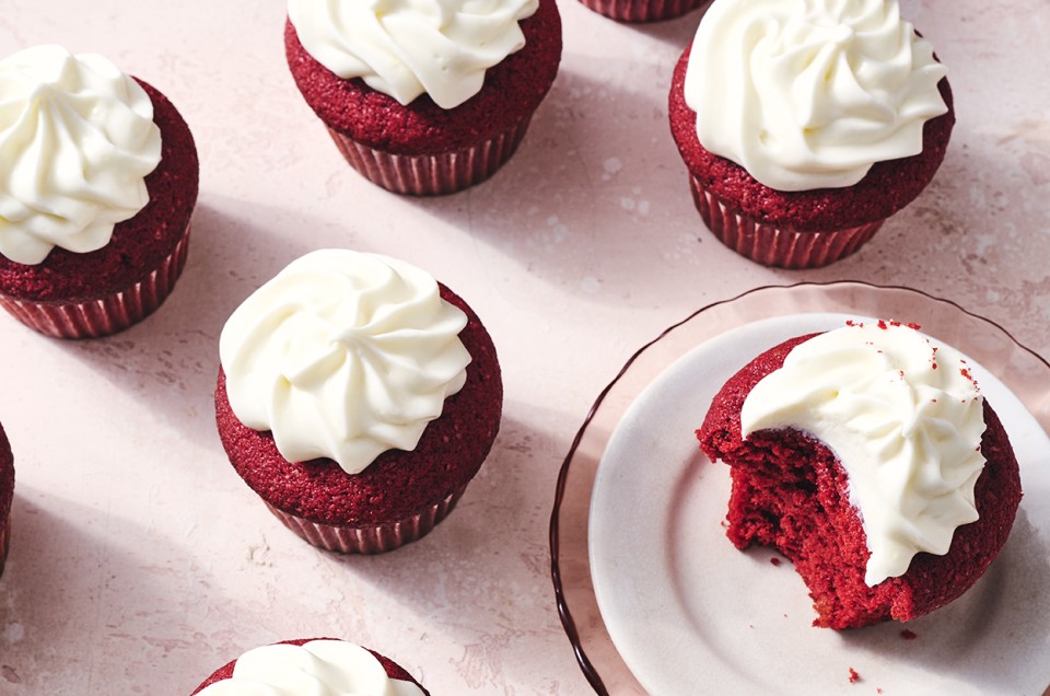 Red Velvet Cupcakes, one with a bite taken out - select to zoom