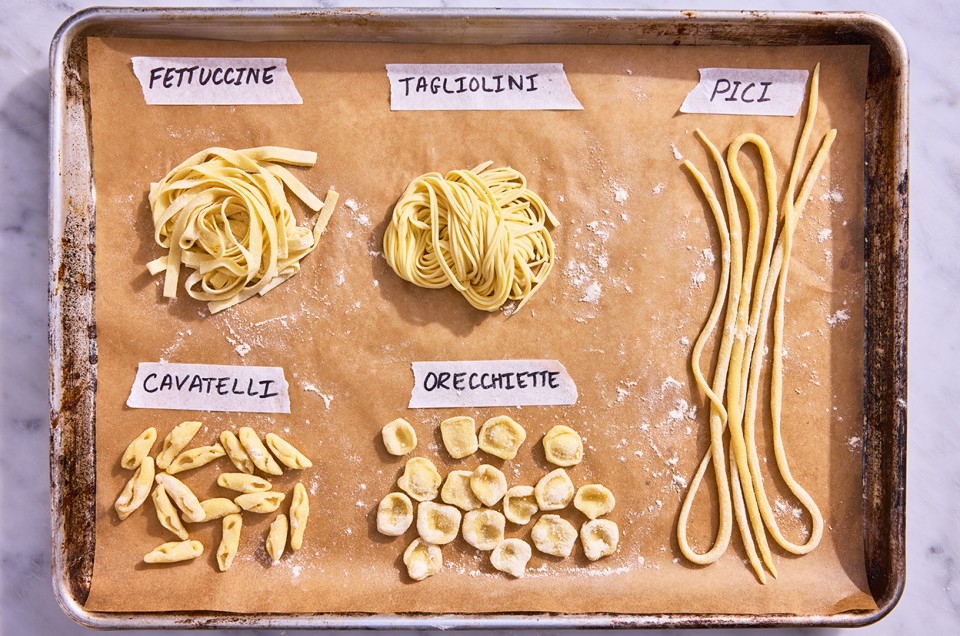 Eggless Pasta Dough made into 5 shapes - select to zoom