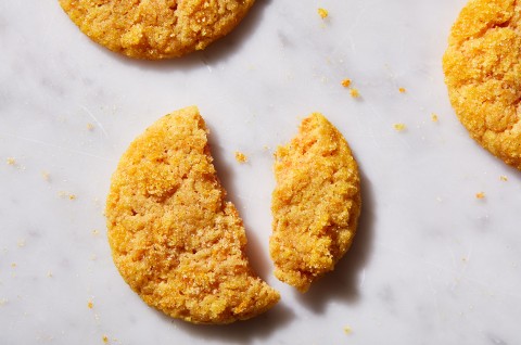 Olive Oil-Orange Sugar Cookies broken in half to a crispy texture - select to zoom