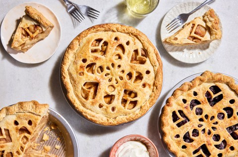 Three Apple Pie with Make-Ahead Filling in pie pans and two slices on plates - select to zoom