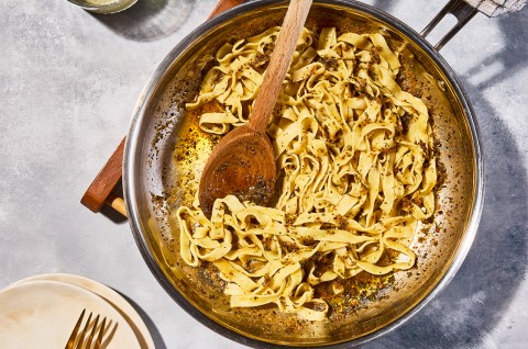 Homemade Pasta with Sage Butter being cooked in a pan - select to zoom