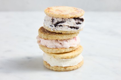 Three sandwich bread ice cream sandwiches stacked on top of each other